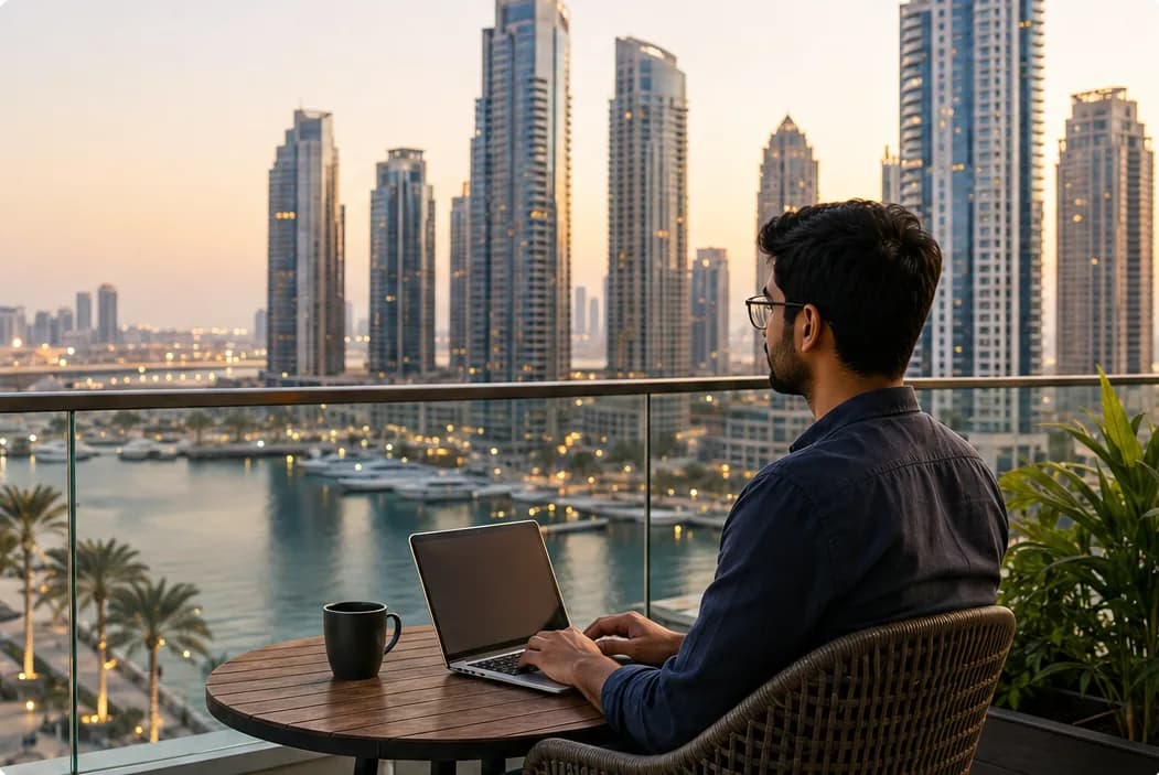 A tech worker with a laptop on a balcony overlooking Dubai Marina at sunset