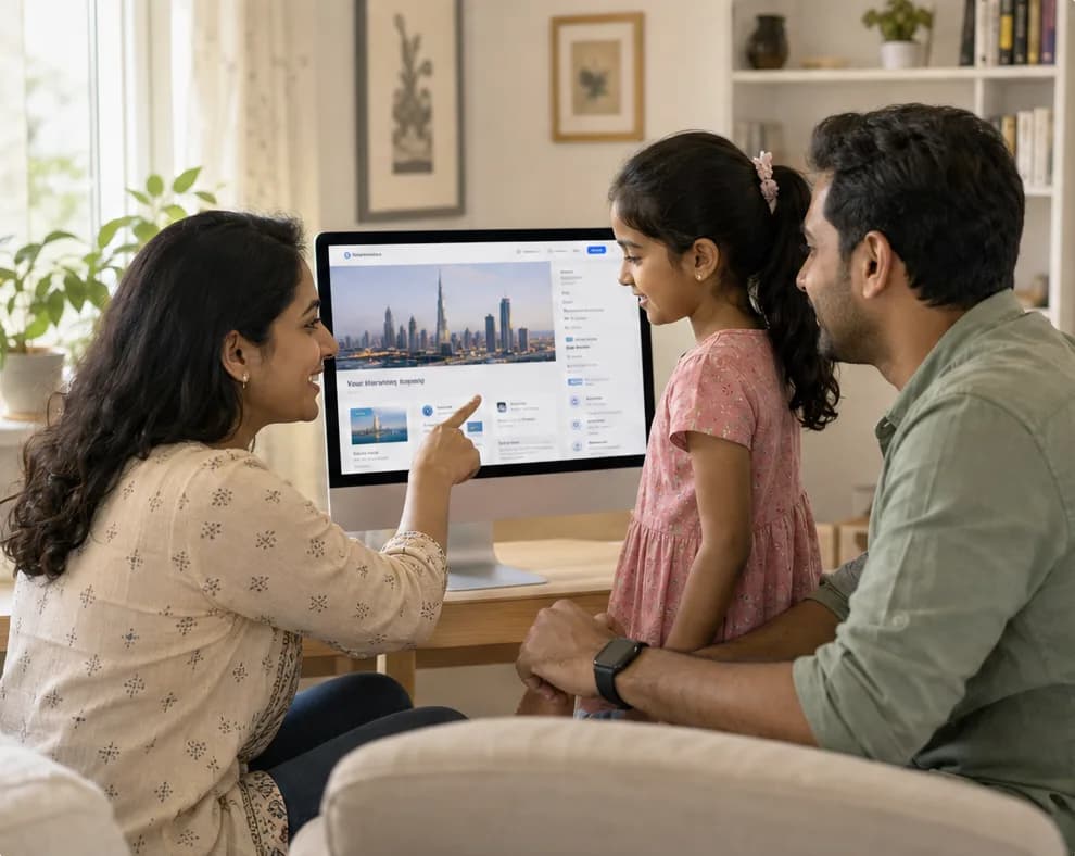A family looking at a Dubai city profile on a computer at home