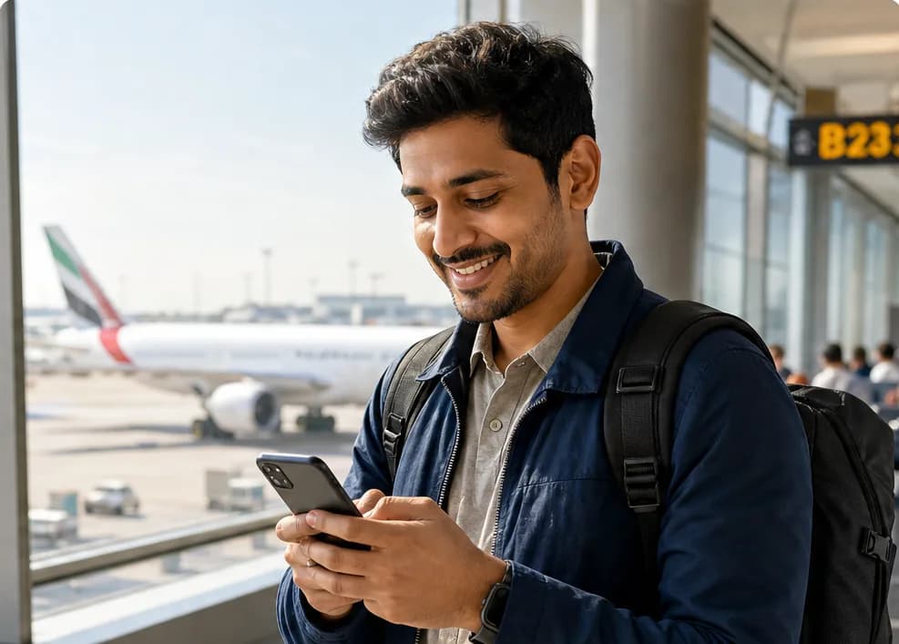A young Indian tech worker smiling at his phone at an airport gate