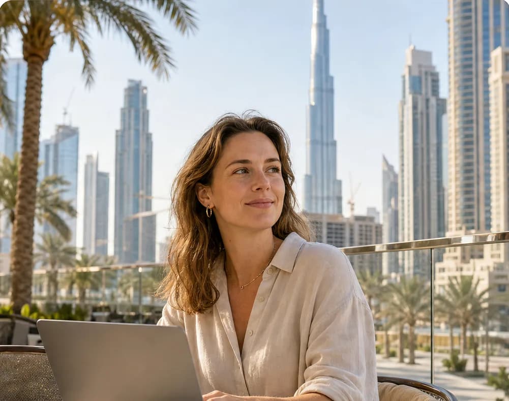A British tech worker with a laptop at a café terrace in Downtown Dubai