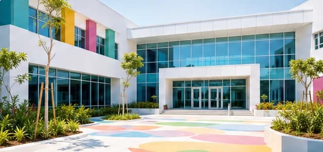 A modern school building with a colourful courtyard